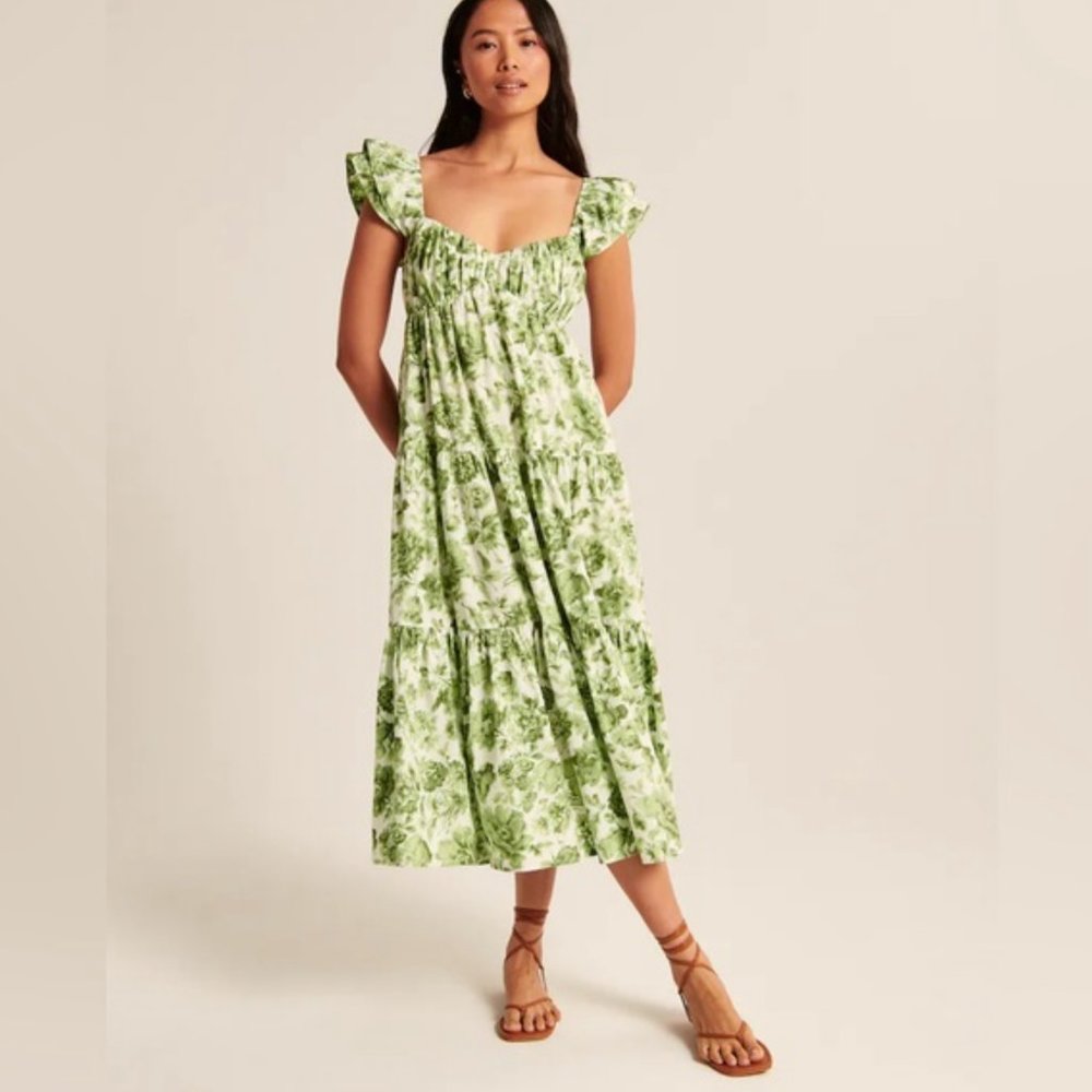 Abercrombie Drama Ruffle Sleeve Midaxi Dress (Green)